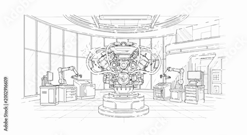 Sketch of a futuristic engine assembly line with robotic arms