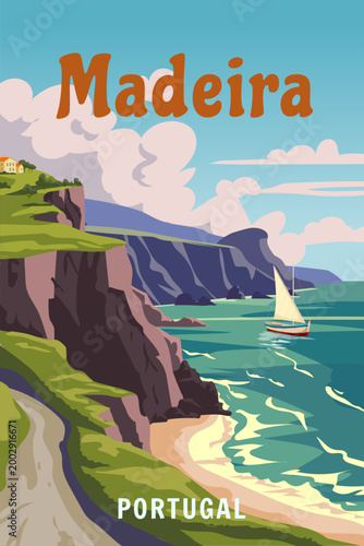 Vintage travel poster Madeira Portugal, tropical resort