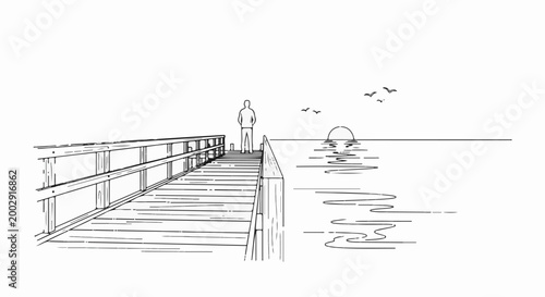 Person on pier watching a serene sunset over the calm ocean with birds flying
