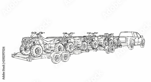 Pickup truck towing a trailer loaded with multiple all-terrain vehicles