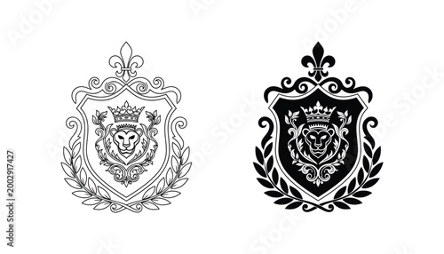 Regal lion head crest with crown and fleur de lis in elegant heraldic shield design for luxury branding