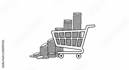 Shopping cart filled with stacks of coins, some overflowing onto the ground