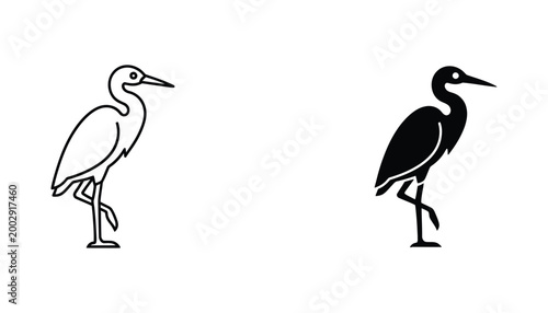 Elegant heron bird standing on one leg in minimalist line art and solid black silhouette vector icon style