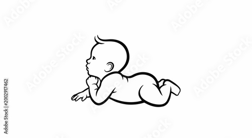 Side profile line drawing of a baby lying on its stomach, chin resting on hands