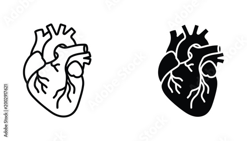 Anatomically inspired human heart vector icon set with detailed chambers and vessels for medical healthcare branding or cardiology research graphic design assets in black and white style