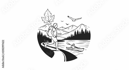 Silhouette graphic of hiker and kayaker enjoying mountain lake and forest scenery