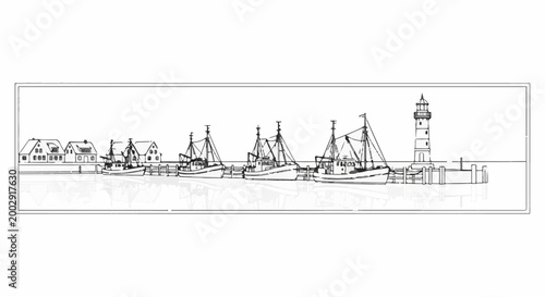 Sketch of fishing boats docked at a harbor with a lighthouse and buildings
