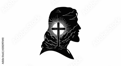 Silhouette head profile containing a radiant cross and clouds