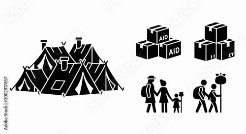 Silhouette icons depict relief camp, aid boxes, and families
