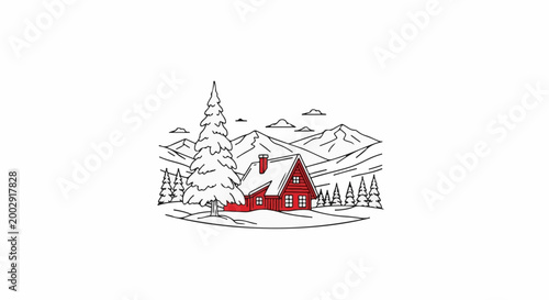 Red cabin nestled among snow-covered trees and mountains