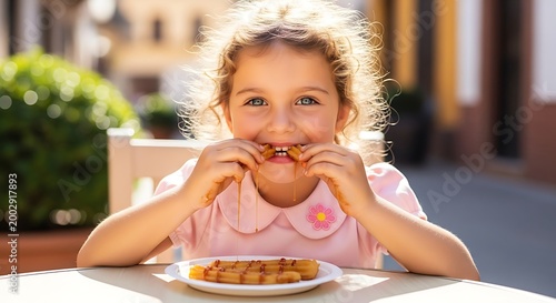 Young girl enjoying food outdoors in sunlight smiling at camera