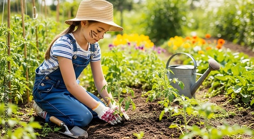 Young girl gardening planting a seedling in sunny outdoor garden