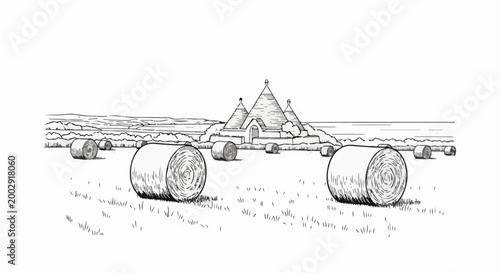 Sketch of hay bales and conical roof buildings in a field