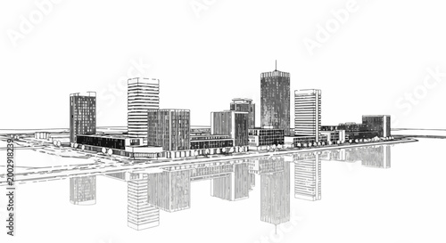 Sketch of modern skyscrapers reflecting in a calm body of water
