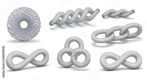 Abstract 3 d wireframe shapes torus chain and infinity loop renderings