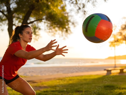 Estate, divertimento, salute  e fitness: ragazza che fa sport ed esercizio fisico sulla spiaggia al mare