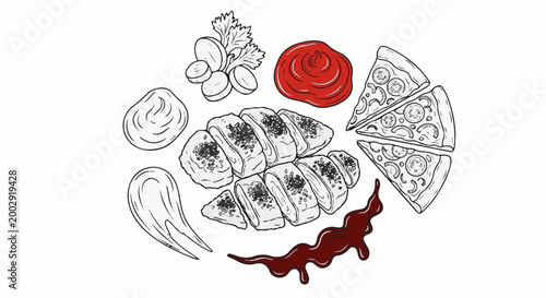 Sketch of sliced chicken, pizza slices, and various sauces and toppings