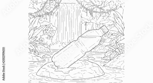 Plastic bottle pollutes pristine waterfall and jungle stream, a stark environmental message