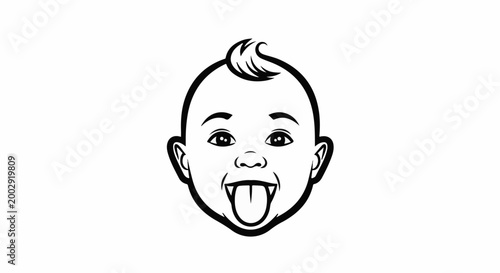 Playful baby face with tongue sticking out and a tuft of hair