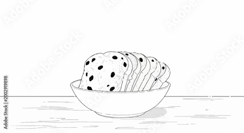 Sliced fruit bread piled in a bowl on a surface with drawn texture