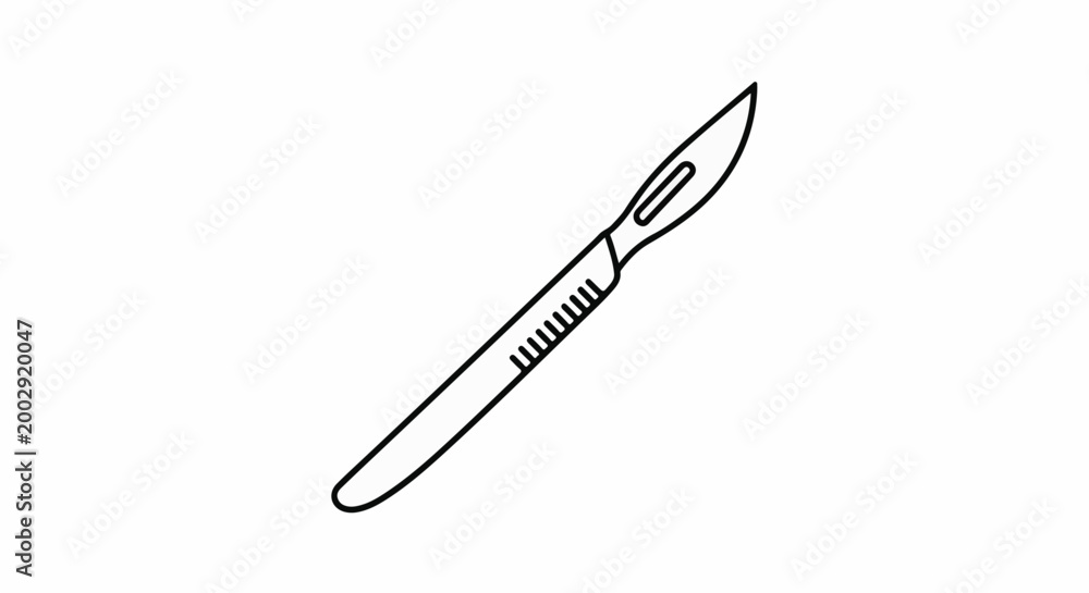 Obraz premium Simple line drawing of a surgical scalpel with a sharp blade and textured handle