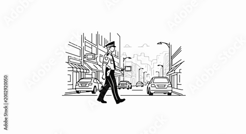 Police officer on duty walking on street with traffic