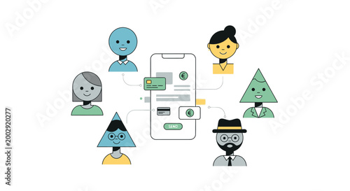 Flat illustration of diverse people icons connected to a mobile phone with green buttons and trees, conveying eco-friendly networking in a minimalist style with a clean white background.