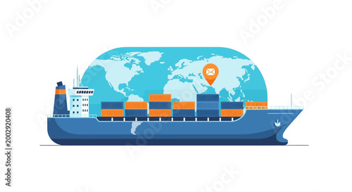 Conceptual vector illustration of a cargo ship carrying containers, set against a world map backdrop with a location pin, rendered in a flat, graphic style, conveying a sense of global