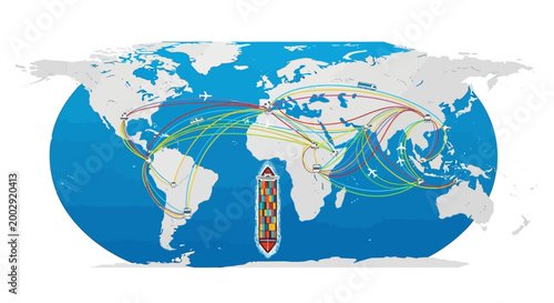 Overhead view of a container ship positioned on a world map illustration, showcasing interconnected global shipping routes with colorful lines against a bright white background in a concept