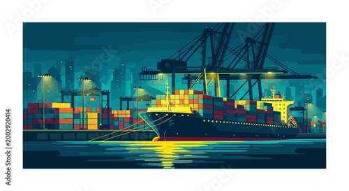 Illustration of a container ship docked at a port with cranes, featuring a dark and cool color palette under streetlights against an urban skyline, conveying a sense of industry and global
