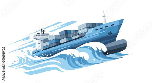 Isolated vector illustration of a cargo ship sailing on wavy seas against a white background, showcasing a modern, flat design with cool blue tones and dynamic motion in a maritime setting