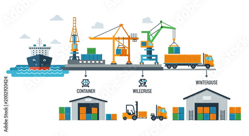 Detailed vector illustration depicting a maritime shipping process, showcasing a cargo ship at sea, various cranes loading containers onto a platform, and trucks delivering goods