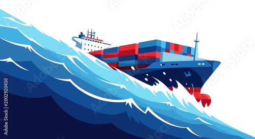 Illustrated cargo ship braves a stylized, powerful ocean wave with shipping containers stacked high on its deck against a clean white background, creating a dynamic and dramatic maritime