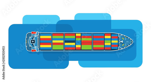 Overhead view of a cargo ship filled with colorful containers, presented in a flat vector illustration style with a blue and white color scheme, set against a clean white background