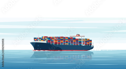 Illustration of a container ship sailing across the ocean, carrying colorful cargo containers, depicted with a flat vector style and a gradient blue sky, conveying a sense of global trade
