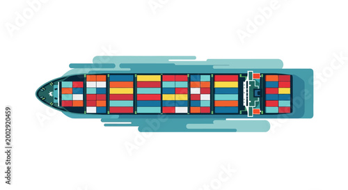 Top-down vector illustration of a container ship sailing, loaded with colorful cargo containers and stylized blue waves, set against a clean white background, creating a minimalist