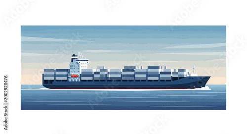 Vector illustration of a large container ship carrying cargo across the ocean under a clear sky, rendered with a flat design style and a cool color palette, creating a serene and efficient