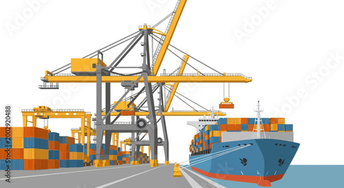 Illustration showing a container ship being loaded by large yellow cranes at a port with cargo containers, set against a clean white background in a flat, graphic style conveying global