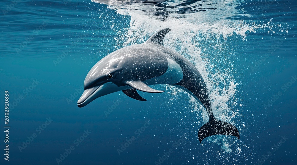 Fototapeta premium A sleek dolphin diving in turquoise ocean water.