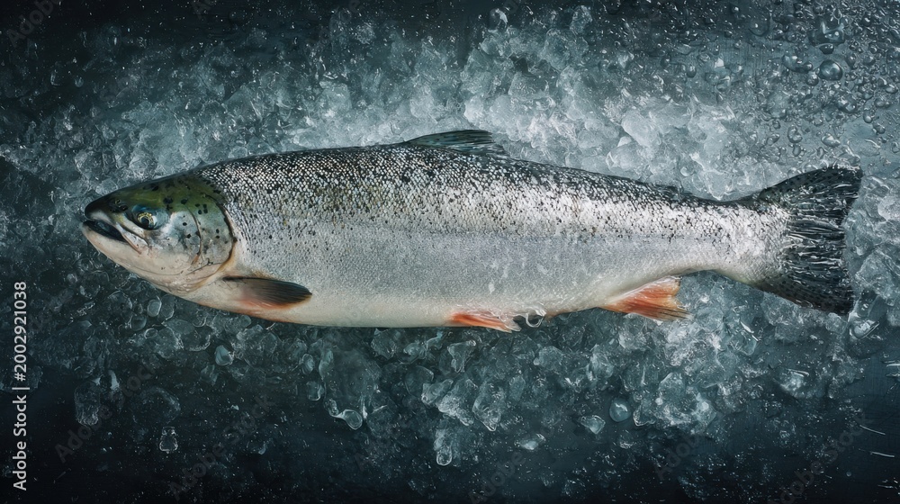 Obraz premium whole salmon fish on crushed transparent ice, macro photography, cold northern fish market aesthetic, water droplets, natural silver skin reflection