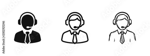 Customer Support Call Center Agent Icon Set with Headset and Tie