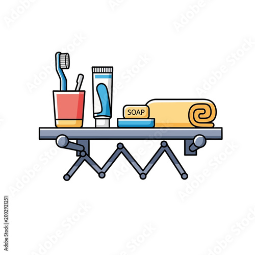 Bathroom hygiene items on a shelf: toothbrush, toothpaste, soap, towel
