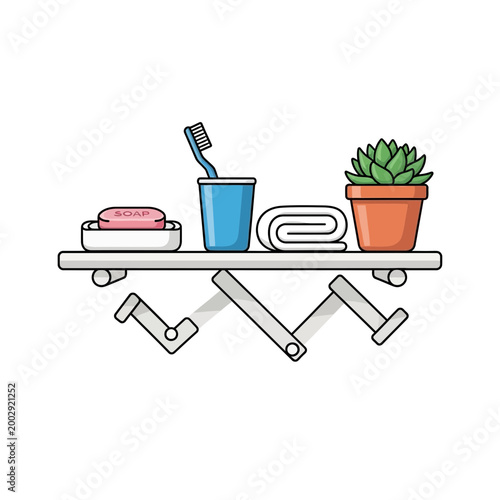 Bathroom shelf with hygiene items and plant