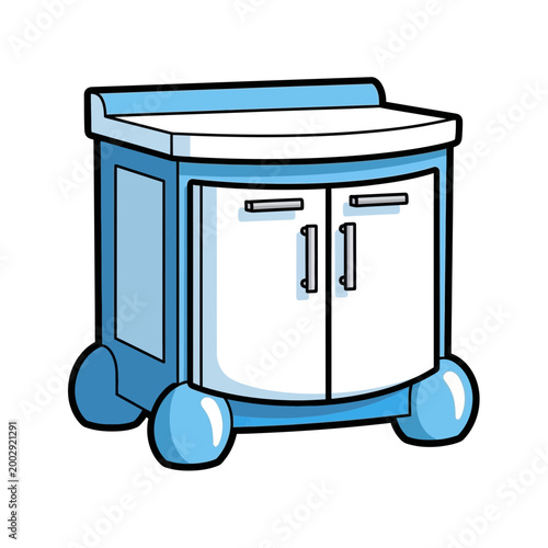 Blue medical cart with wheels, cartoon illustration