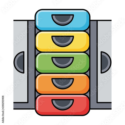 Colorful drawer unit in gray cabinet, office organization, storage solution