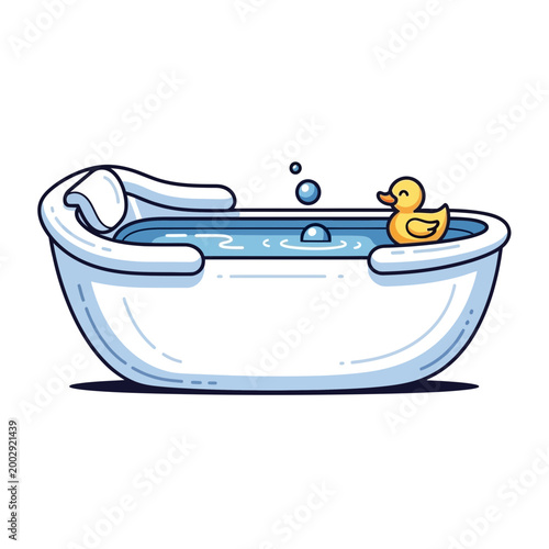 Cute rubber ducky floating in bathtub with bubbles, clean hygiene concept