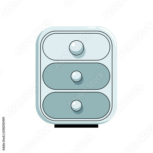 Minimalist bedside table with three drawers and round knobs, isolated on white background.