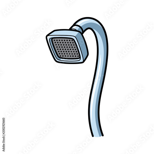 Modern square shower head on a curved chrome arm, isolated on white background