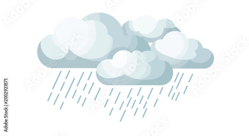A simplified and stylized vector illustration of several fluffy gray rain clouds with thin blue raindrops falling gently from them on a clean white background, perfect for weather icons and meteorolog