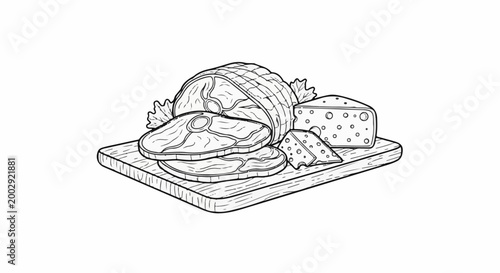 Rustic depiction of raw meat steaks and cheese wedges on a wooden cutting board
